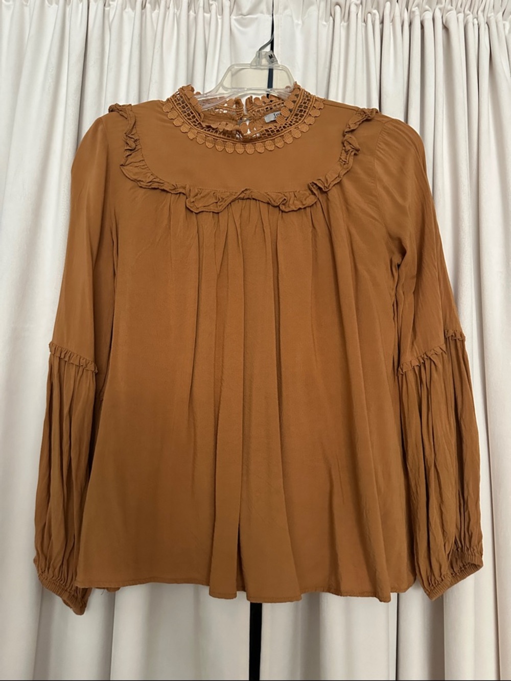JODIFL Brown Ruffle Yoke Long-Sleeve Blouse